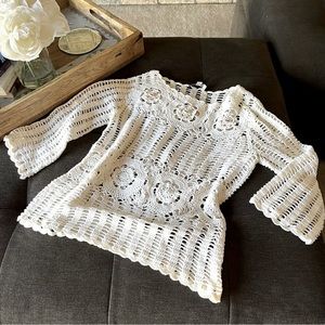 Bright White Terranova Shell Beaded Crochet Knit Top Beach Coverup from Italy